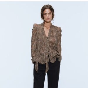 ZARA Leopard Neck Tie Blouse